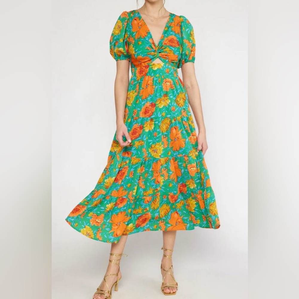 Entro Floral Maxi Dress - Green, Orange, Yellow Size Large